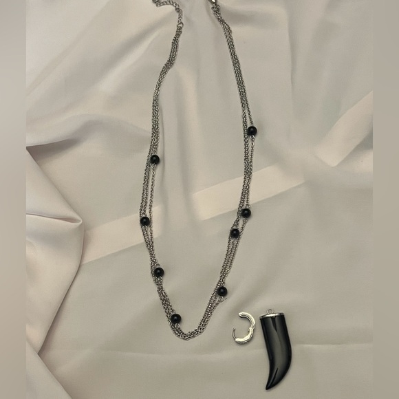 NWOT - Black Tusk Earrings & Stainless Steel Silver Necklace with Huggie & Tusk - Picture 5 of 12